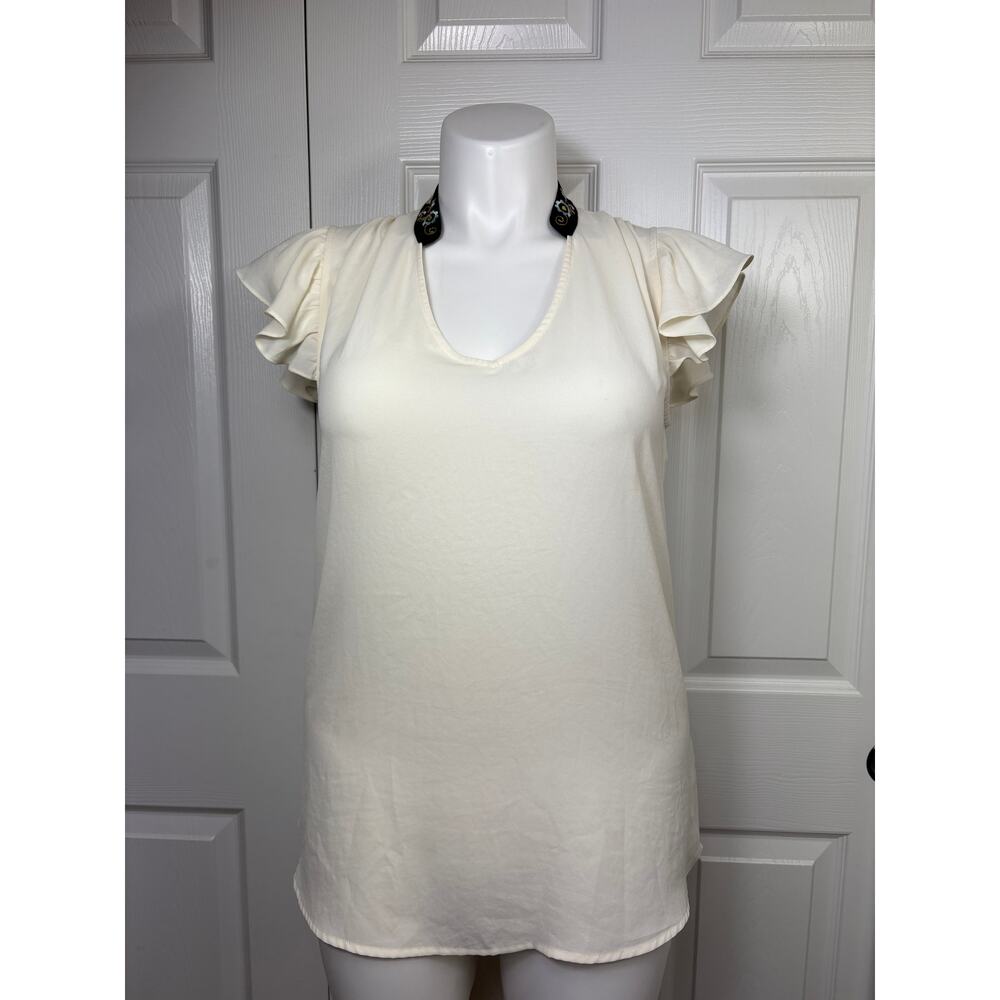 HD in Paris Anthropologie Women's Top 12 Ivory Satin Embroidered Flounce Sleeve